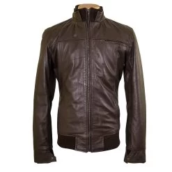 Brown Leather Jacket With Straight Ribbed Collar, Cuffs And Hem