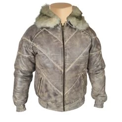 Casper's V-Bomber Style Puffer Winter Leather Jacket With White Fox Fur Collar
