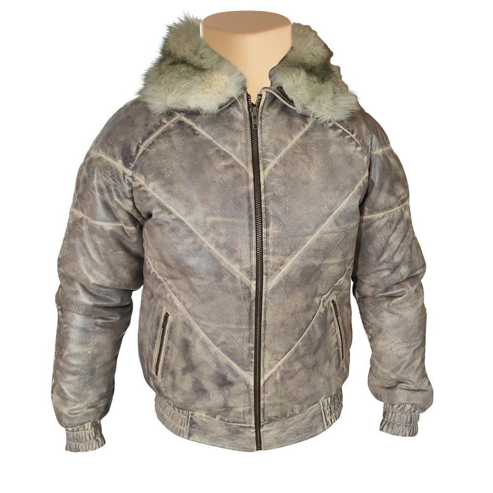 Casper's V-Bomber Style Puffer Winter Leather Jacket With White Fox Fur Collar 3 Casper's V-Bomber Style Puffer Winter Leather Jacket With White Fox Fur Collar