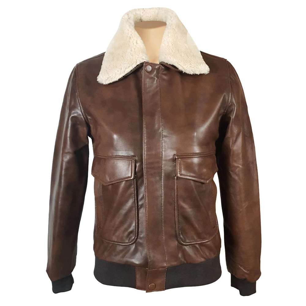Cindy's Two Tone Brown A2 Bomber Leather Jacket With Fur Collar 3 Cindy's Two Tone Brown A2 Bomber Leather Jacket With Fur Collar