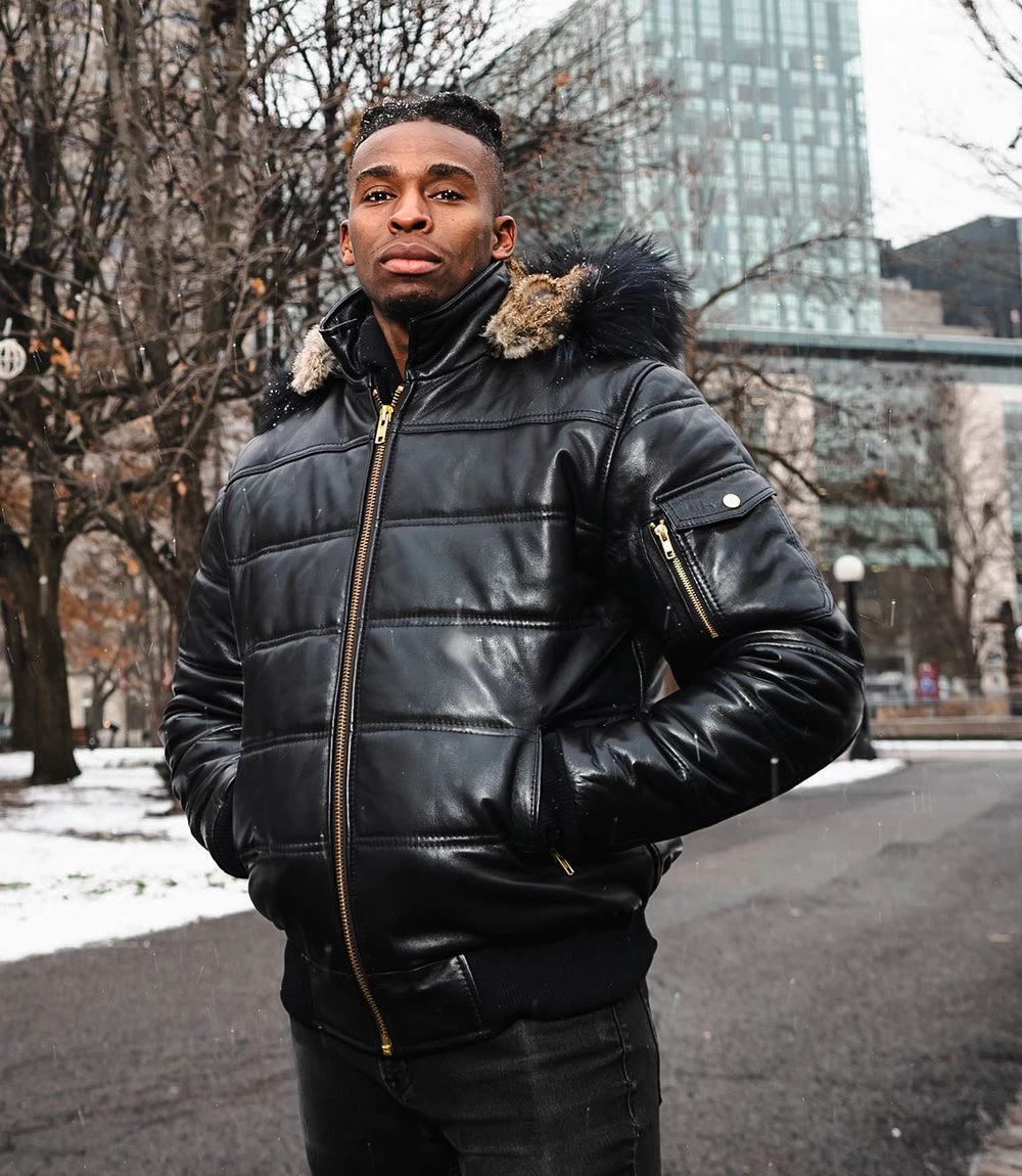 Ash Black Hooded Puffer Leather Jacket With Fur Trim 6 Ash Black Hooded Puffer Leather Jacket With Fur Trim - Image 4