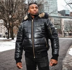 Ash Black Hooded Puffer Leather Jacket With Fur Trim 11 Ash Black Hooded Puffer Leather Jacket With Fur Trim -Leather Clothing Store DSC08338 Enhanced NR