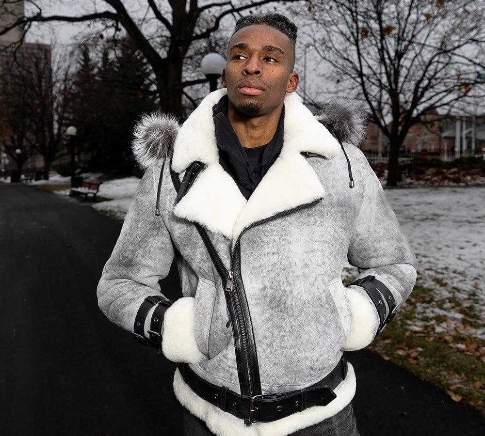 Rocco Vintage Distressed Grey Aviator Bomber Shearling Jacket With Hoodie 5 Rocco Vintage Distressed Grey Aviator Bomber Shearling Jacket With Hoodie - Image 3