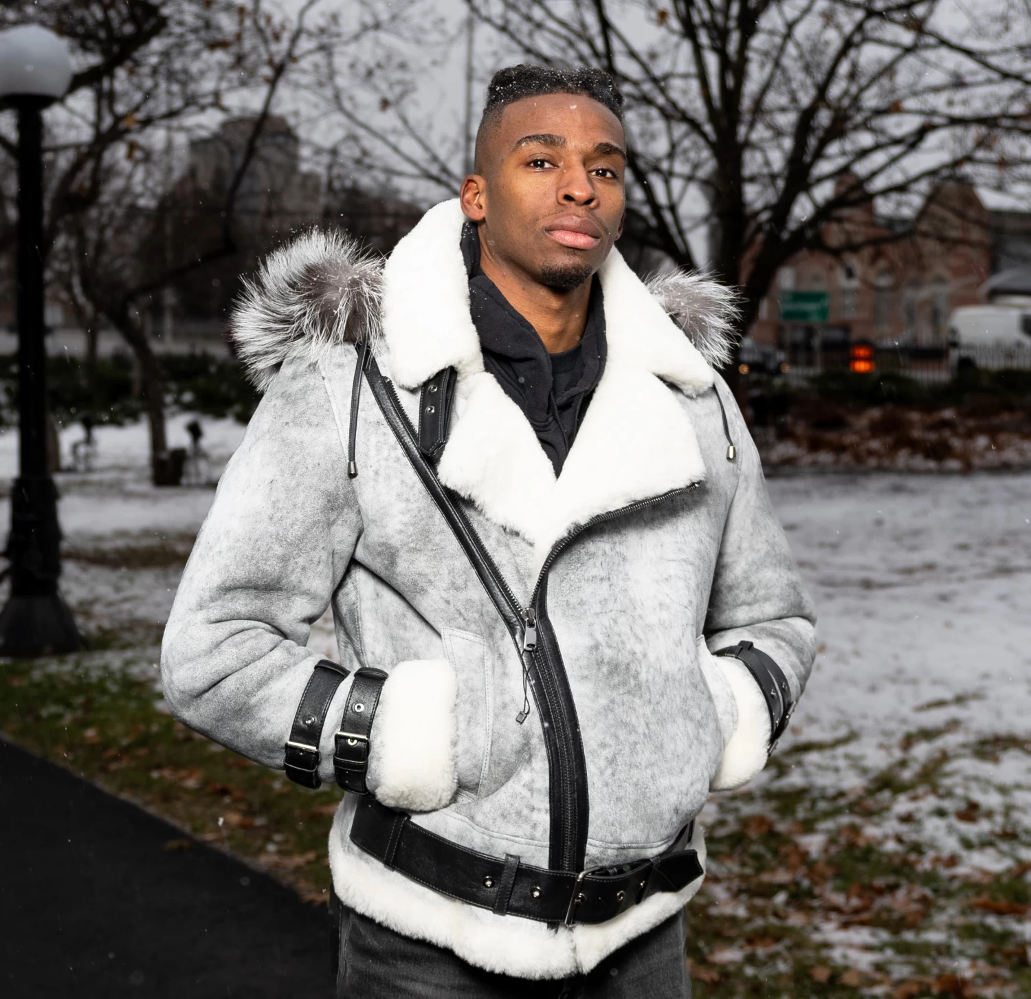 Rocco Vintage Distressed Grey Aviator Bomber Shearling Jacket With Hoodie 4 Rocco Vintage Distressed Grey Aviator Bomber Shearling Jacket With Hoodie - Image 2