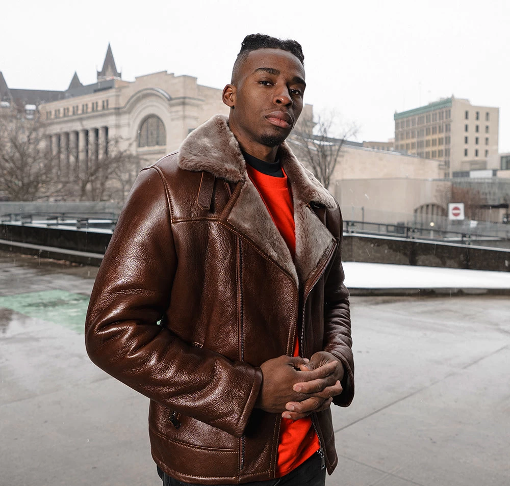 Mateo Brown Biker Bomber Shearling Jacket With Lapels 4 Mateo Brown Biker Bomber Shearling Jacket With Lapels - Image 2