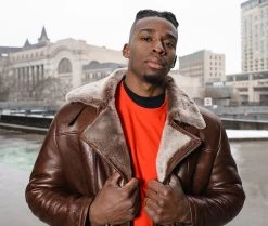 Mateo Brown Biker Bomber Shearling Jacket With Lapels 10 Mateo Brown Biker Bomber Shearling Jacket With Lapels -Leather Clothing Store DSC08788 Enhanced NR