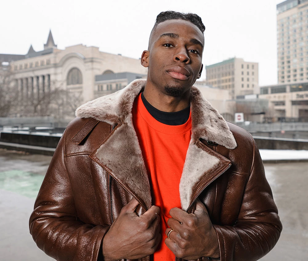 Mateo Brown Biker Bomber Shearling Jacket With Lapels 5 Mateo Brown Biker Bomber Shearling Jacket With Lapels - Image 3