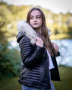 Larissa's Black Leather Jacket With Hoodie And Fur Trim -Leather Clothing Store DSC09049