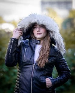 Larissa's Black Leather Jacket With Hoodie And Fur Trim -Leather Clothing Store DSC09067