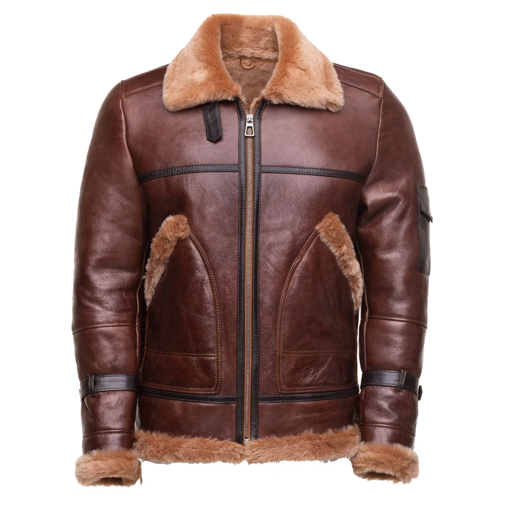 Esa Brown Bomber Sheepskin Shearling Jacket With Large Pockets 3 Esa Brown Bomber Sheepskin Shearling Jacket With Large Pockets