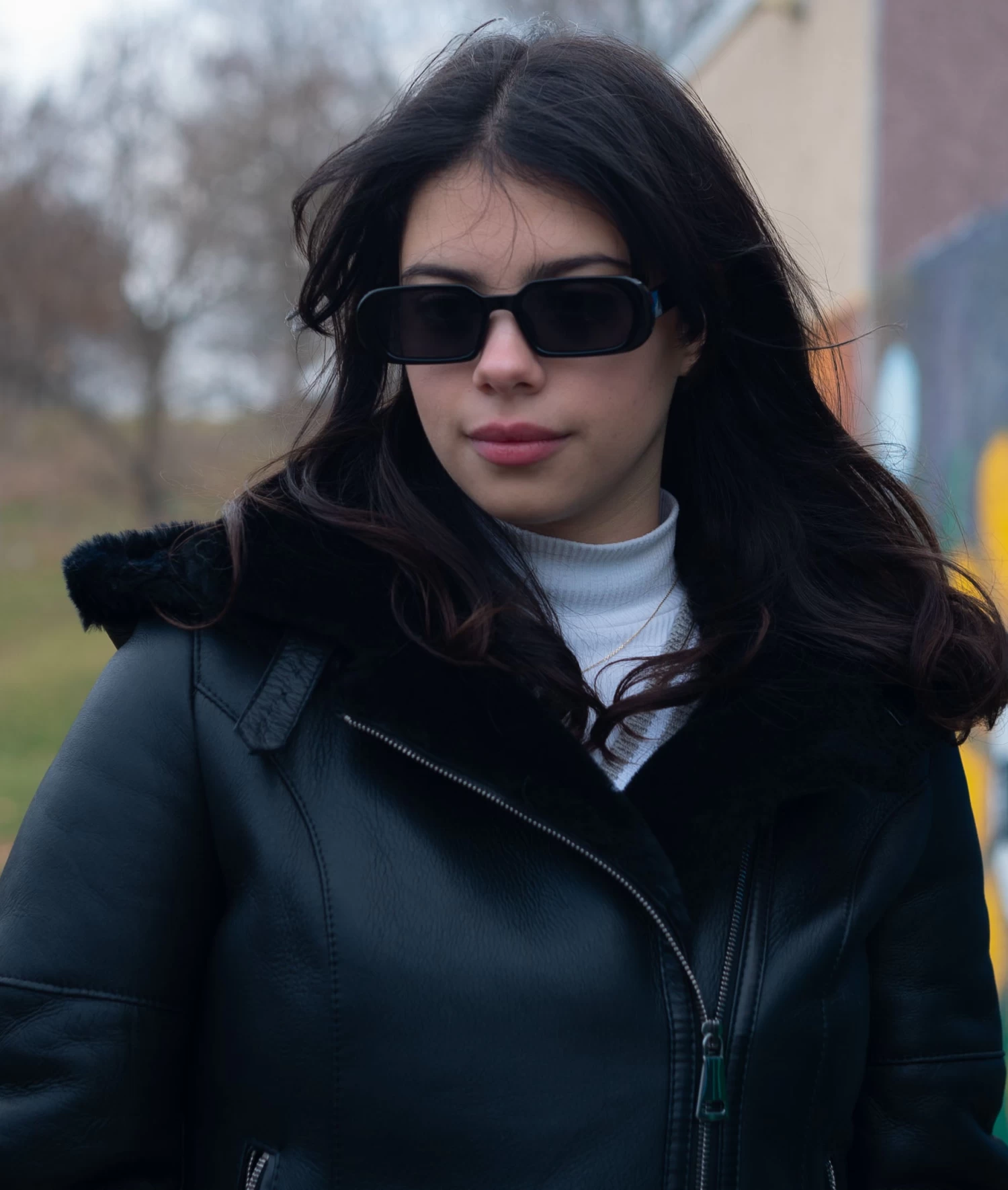 Sofie's Black Biker Style Sheepskin Shearling Jacket With Hoodie 6 Sofie's Black Biker Style Sheepskin Shearling Jacket With Hoodie - Image 4