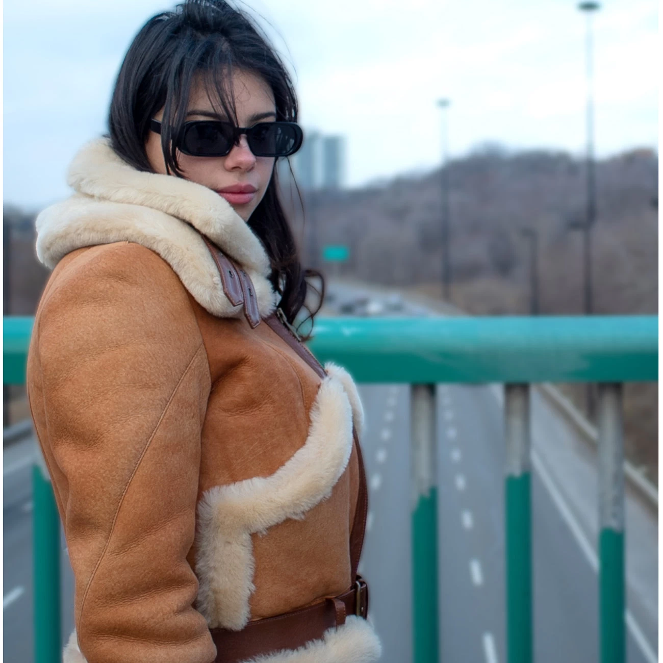 Kristy Vintage Cognac Womens Crop Shearling Bomber Jacket 4 Kristy Vintage Cognac Womens Crop Shearling Bomber Jacket - Image 2