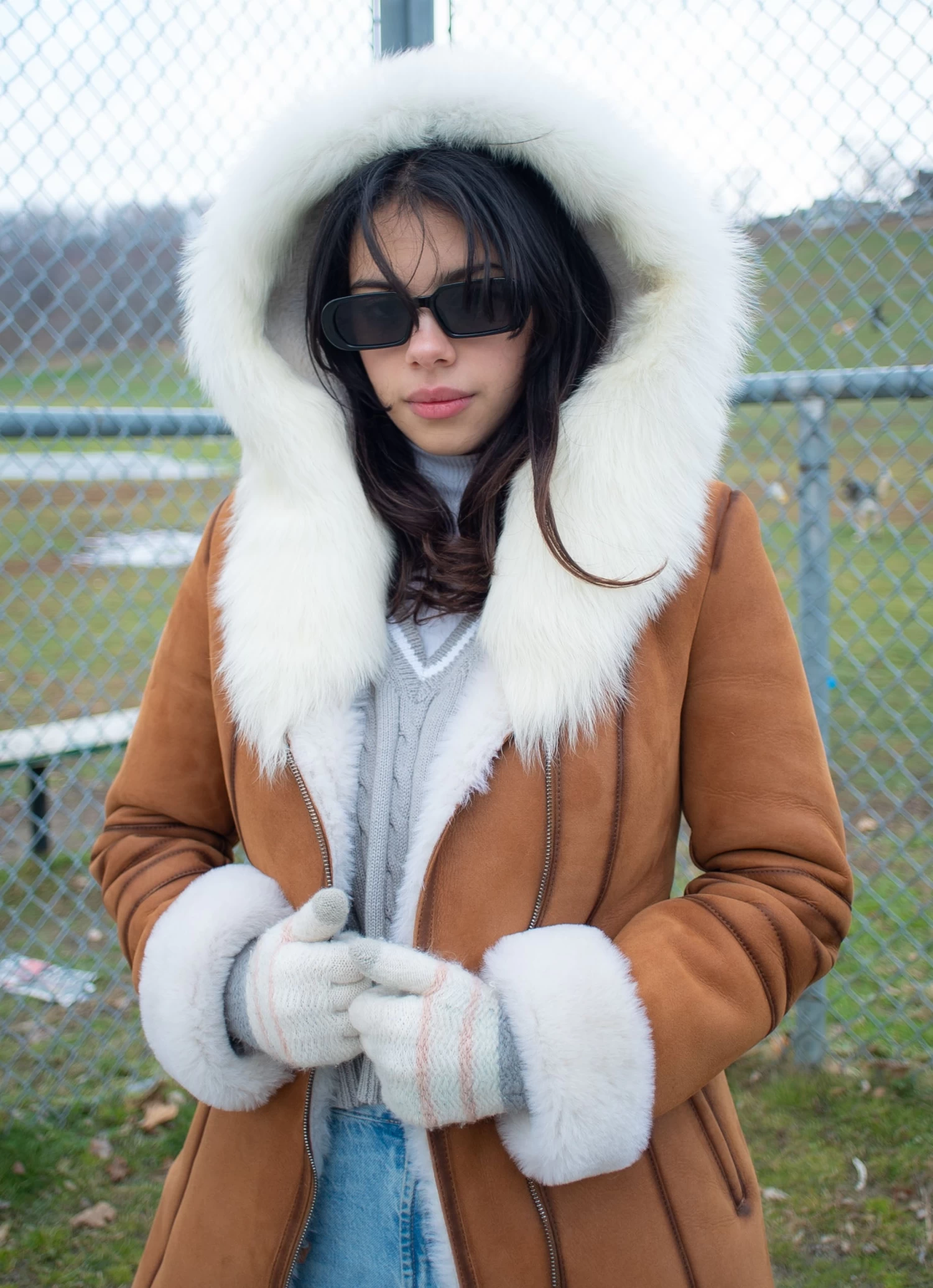 Ayva's Tan Shearling Coat With Fox Fur Trim Hoodie 4 Ayva's Tan Shearling Coat With Fox Fur Trim Hoodie - Image 2