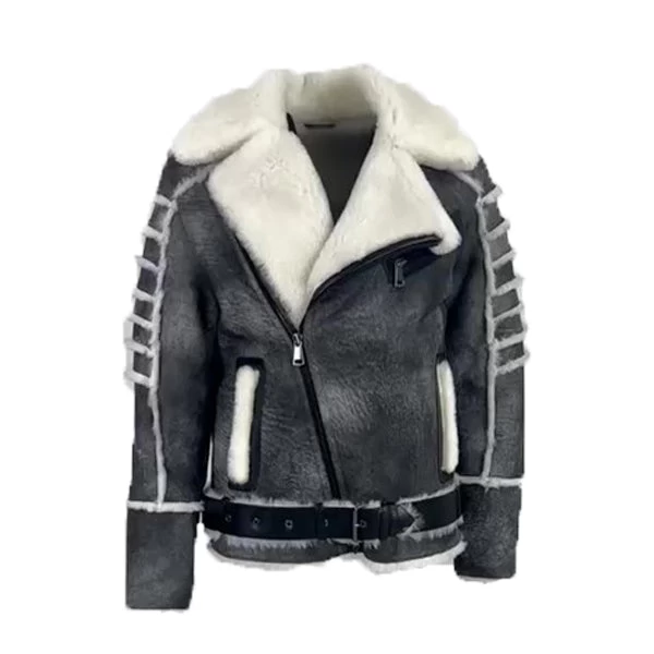 Albert Distressed Grey Shearling Biker Style Jacket 3 Albert Distressed Grey Shearling Biker Style Jacket