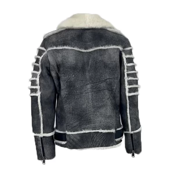 Albert Distressed Grey Shearling Biker Style Jacket 5 Albert Distressed Grey Shearling Biker Style Jacket - Image 3