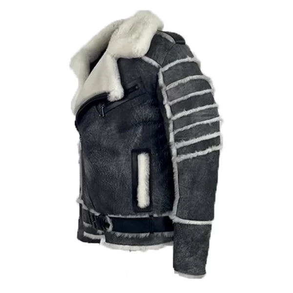 Albert Distressed Grey Shearling Biker Style Jacket 7 Albert Distressed Grey Shearling Biker Style Jacket - Image 5