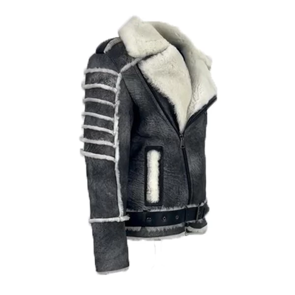Albert Distressed Grey Shearling Biker Style Jacket 8 Albert Distressed Grey Shearling Biker Style Jacket - Image 6