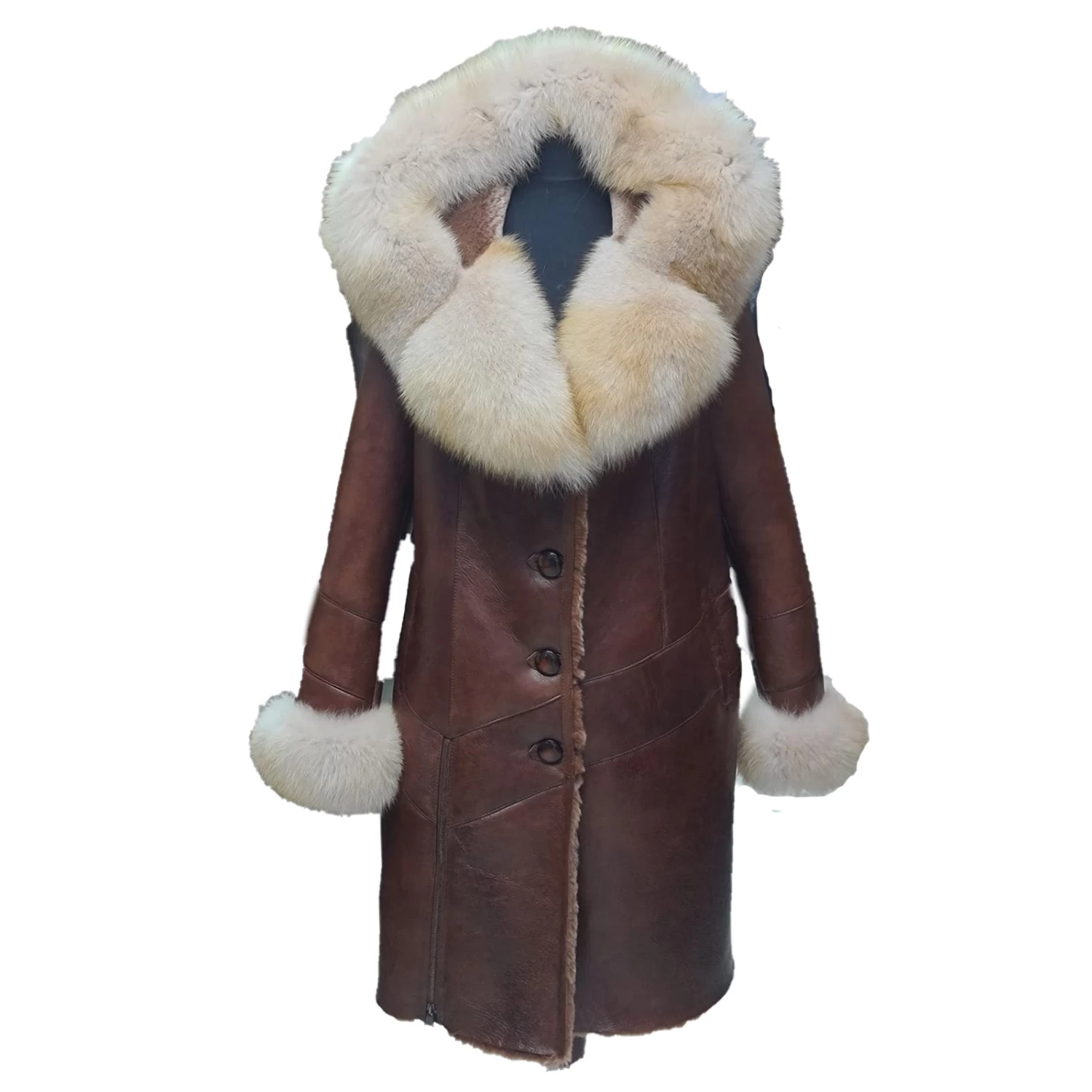 Burnett Brown Shearling Coat With Large Fox Fur Hoodie And Trim 3 Burnett Brown Shearling Coat With Large Fox Fur Hoodie And Trim