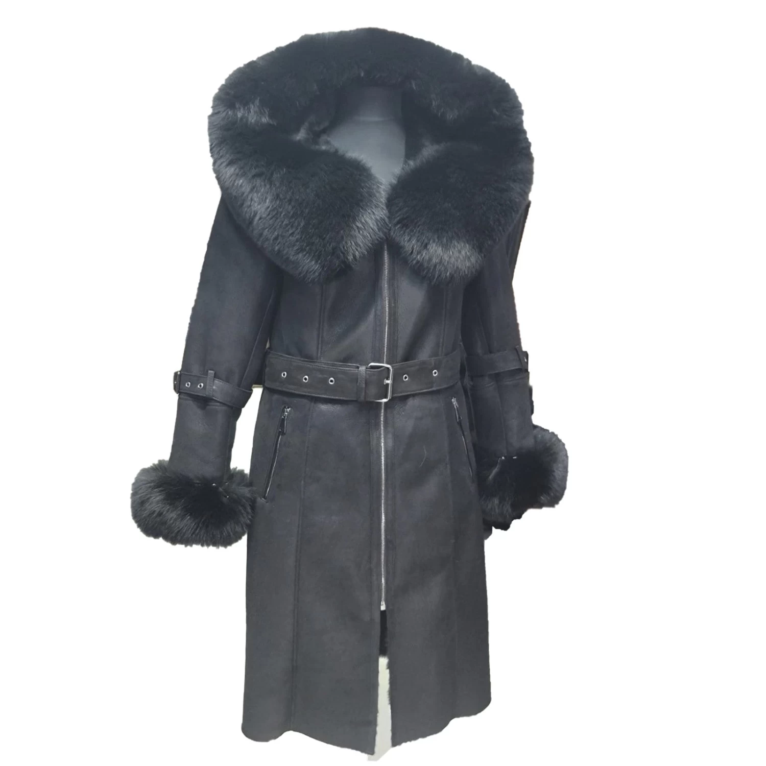 Allis Black Belted Shearling Coat With Large Fox Fur Hoodie 3 Allis Black Belted Shearling Coat With Large Fox Fur Hoodie