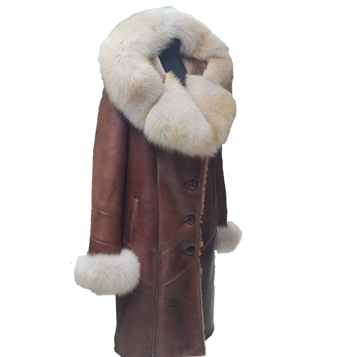 Burnett Brown Shearling Coat With Large Fox Fur Hoodie And Trim 4 Burnett Brown Shearling Coat With Large Fox Fur Hoodie And Trim - Image 2