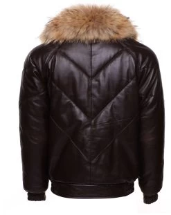 Brown V-Bomber Style Puffer Winter Leather Jacket With Fur Collar 13 Brown V-Bomber Style Puffer Winter Leather Jacket With Fur Collar -Leather Clothing Store Jackets 10 4