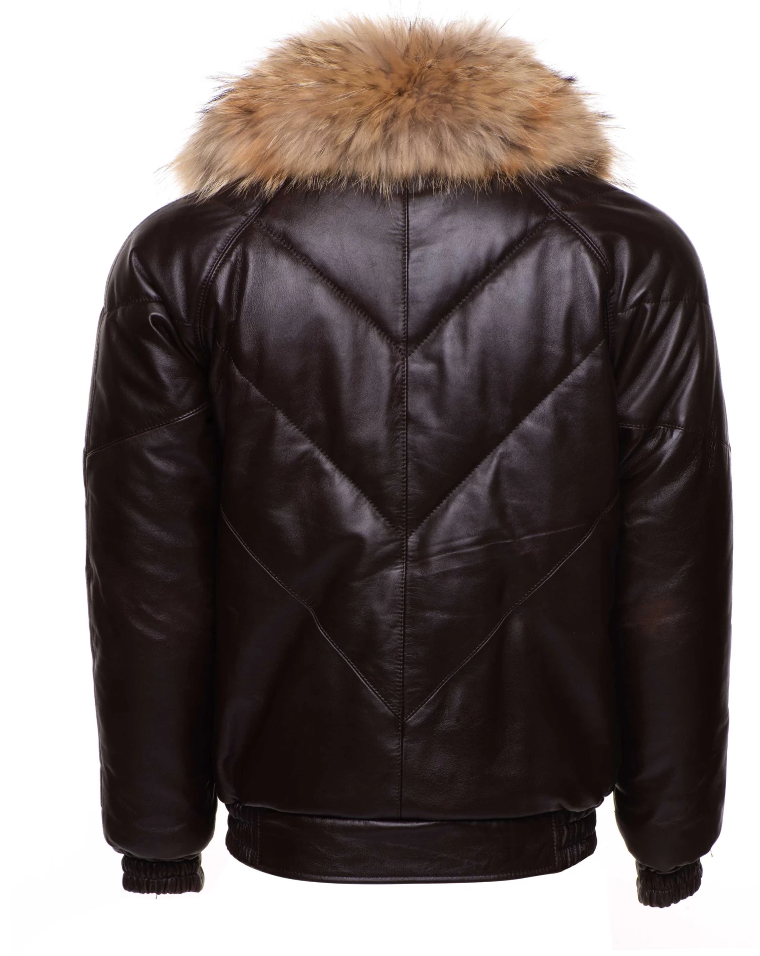 Brown V-Bomber Style Puffer Winter Leather Jacket With Fur Collar 8 Brown V-Bomber Style Puffer Winter Leather Jacket With Fur Collar - Image 6