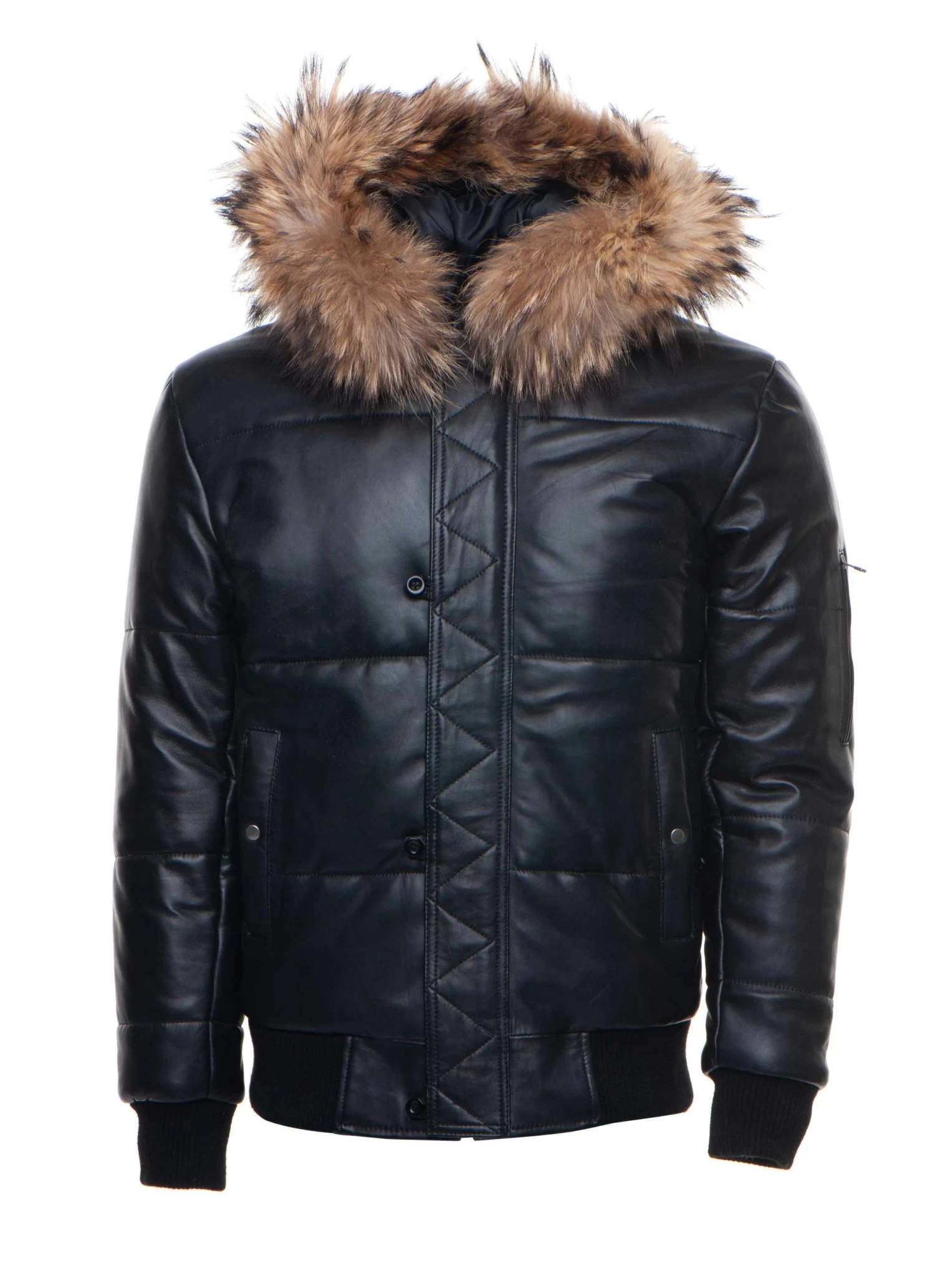 Traynor's Puffer Winter Leather Jacket With Ribbed Cuffs And Waist And Fur Trim Hoodie 6 Traynor's Puffer Winter Leather Jacket With Ribbed Cuffs And Waist And Fur Trim Hoodie - Image 4