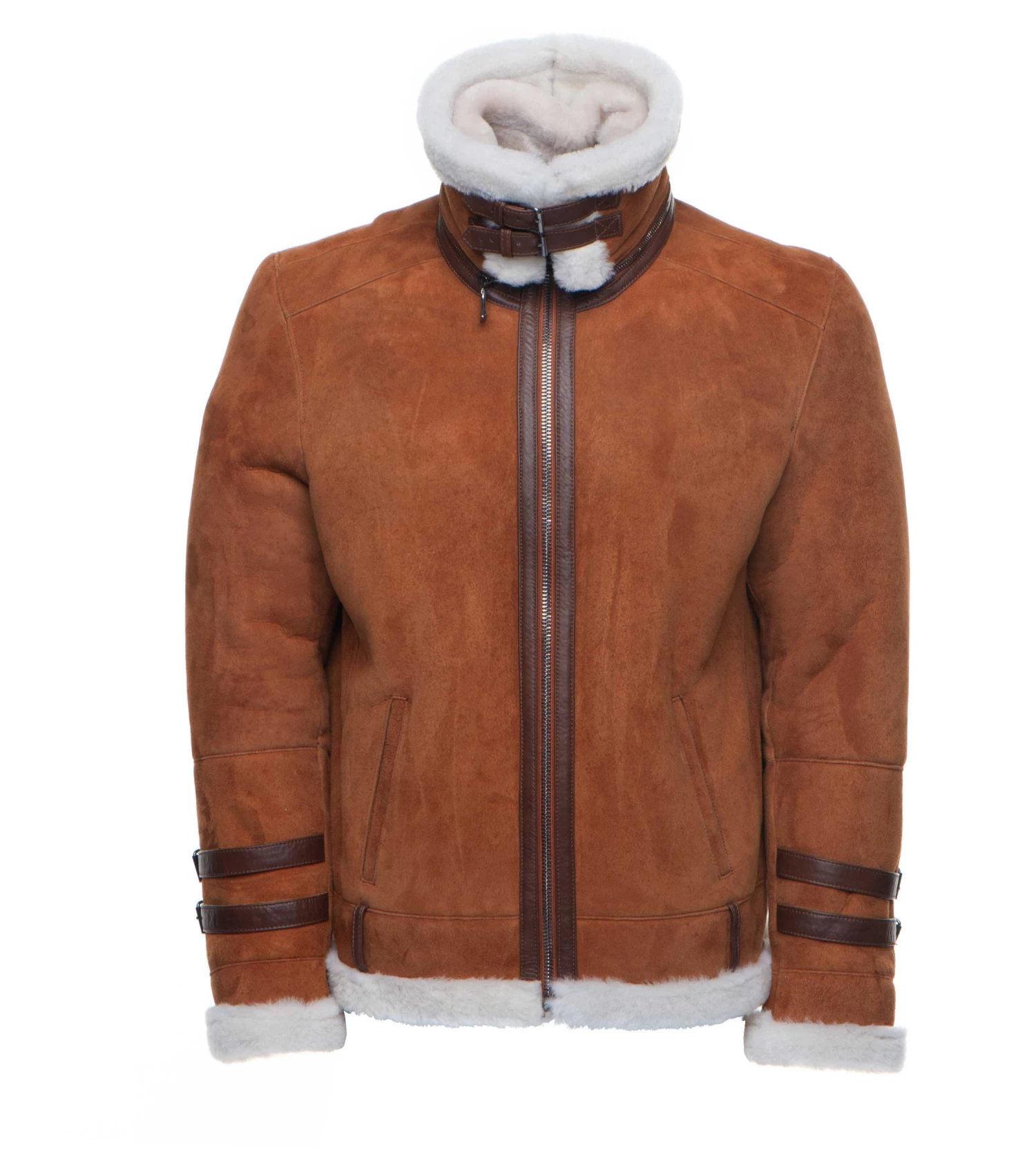 Hagan's Tan Aviator Bomber Suede Shearling Jacket 5 Hagan's Tan Aviator Bomber Suede Shearling Jacket - Image 3