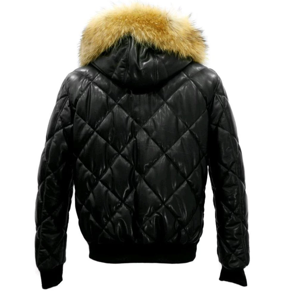 Joel Quilted Puffer Winter Leather Jacket With Diamond Stitching And Fur Hoodie 4 Joel Quilted Puffer Winter Leather Jacket With Diamond Stitching And Fur Hoodie - Image 2