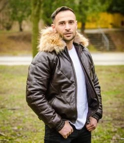 Brown V-Bomber Style Puffer Winter Leather Jacket With Fur Collar 11 Brown V-Bomber Style Puffer Winter Leather Jacket With Fur Collar -Leather Clothing Store LUSSOHD 70