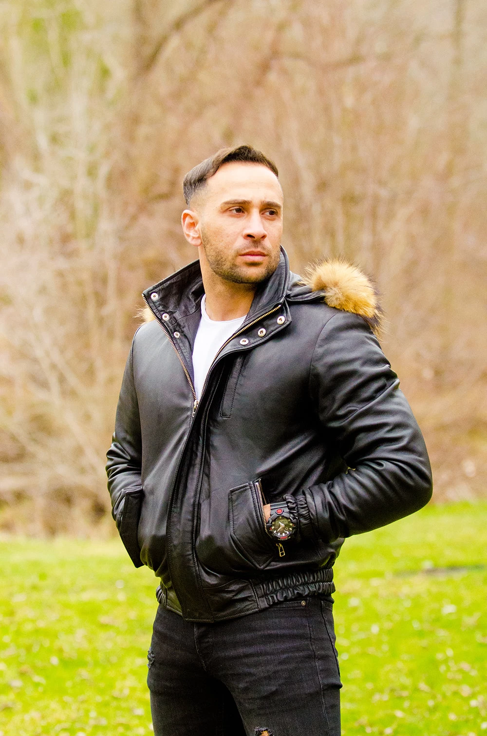 Castillos Bomber Winter Leather Jacket With Real Fox Fur Hoodie 5 Castillos Bomber Winter Leather Jacket With Real Fox Fur Hoodie - Image 3