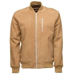 Sandy Beige Suede Bomber Leather Jacket With Ribbed Cuffs
