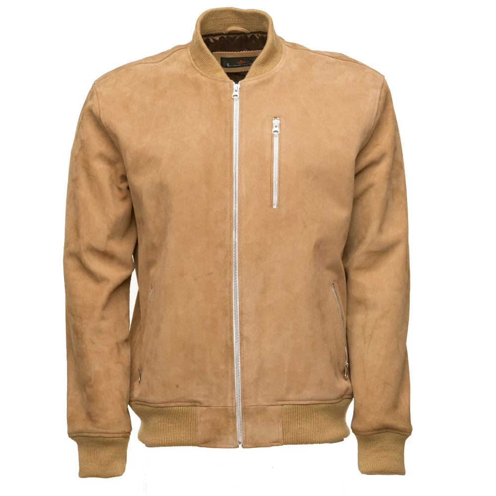 Sandy Beige Suede Bomber Leather Jacket With Ribbed Cuffs 3 Sandy Beige Suede Bomber Leather Jacket With Ribbed Cuffs
