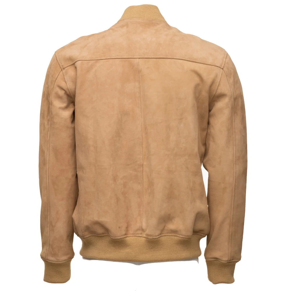 Sandy Beige Suede Bomber Leather Jacket With Ribbed Cuffs 4 Sandy Beige Suede Bomber Leather Jacket With Ribbed Cuffs - Image 2