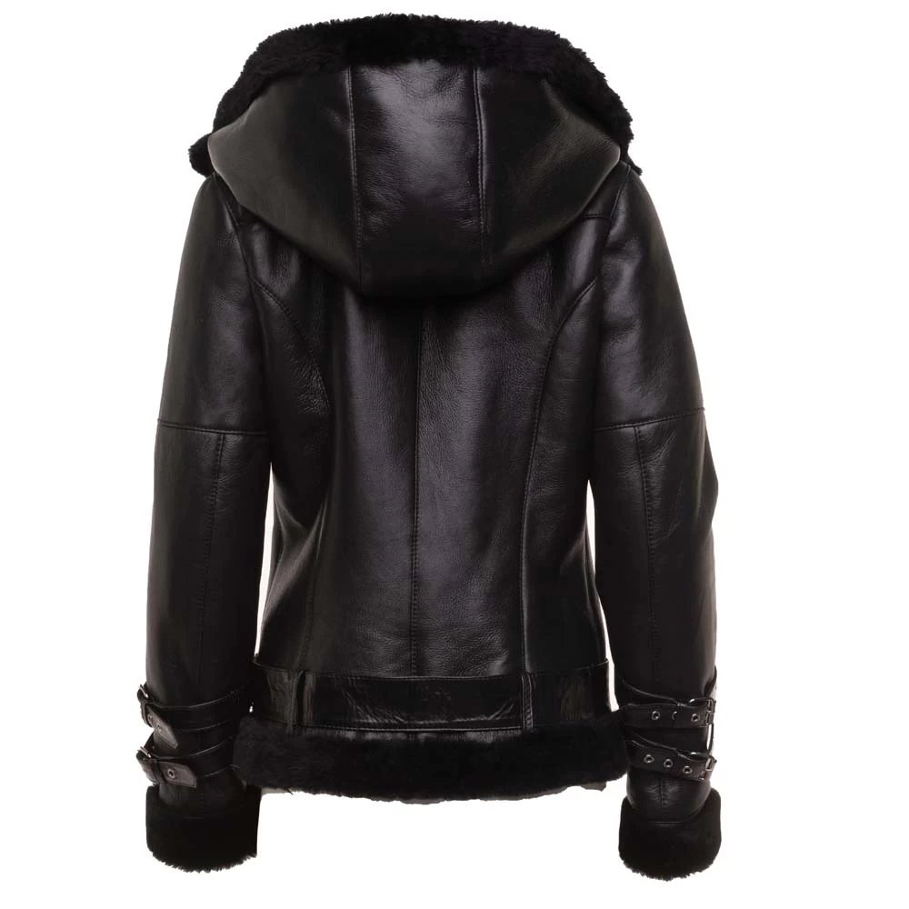 Sofie's Black Biker Style Sheepskin Shearling Jacket With Hoodie 7 Sofie's Black Biker Style Sheepskin Shearling Jacket With Hoodie - Image 5