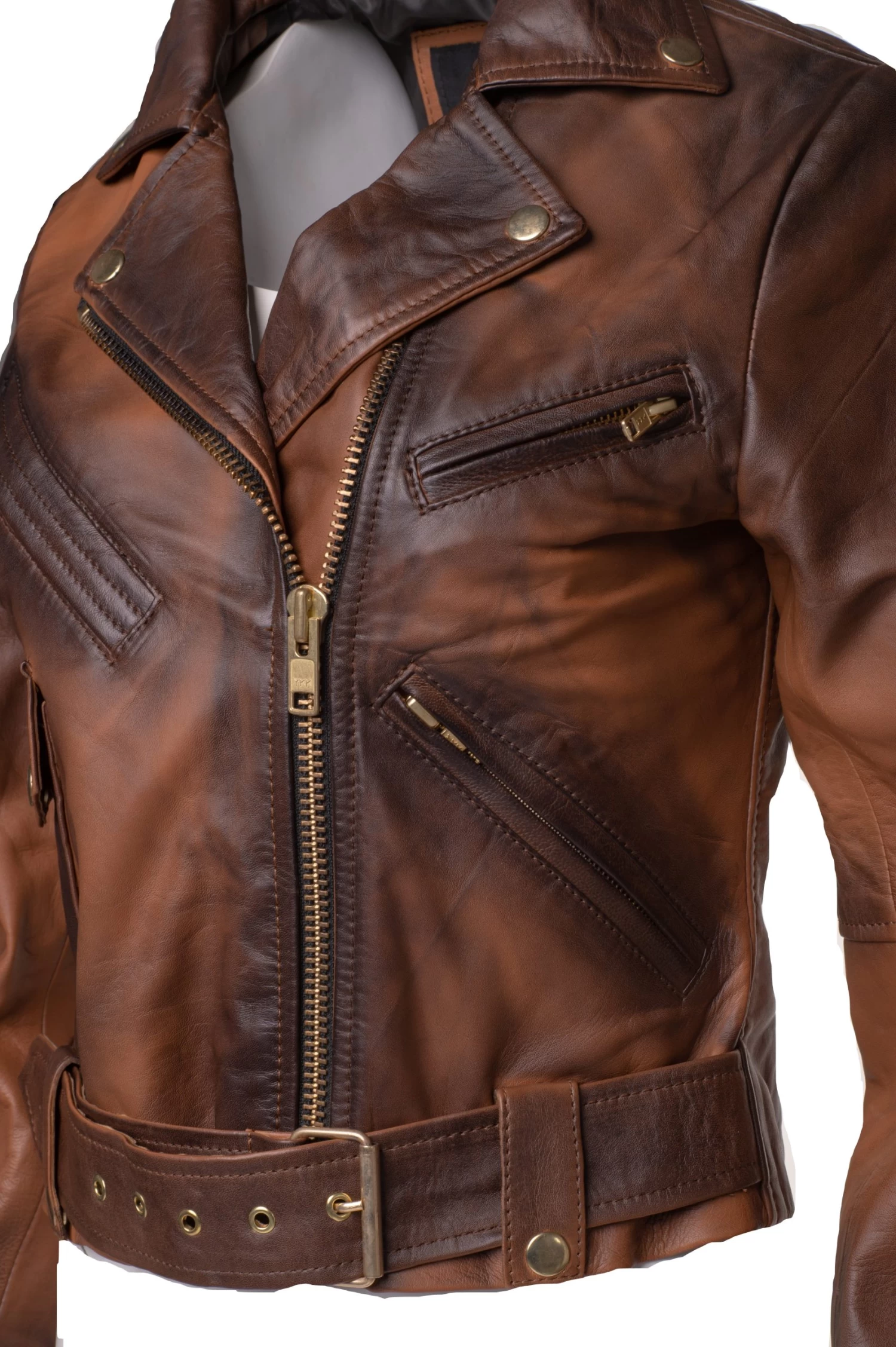 Tracy's Shaded Brown Crop Biker Leather Jacket With Waist Belt 8 Tracy's Shaded Brown Crop Biker Leather Jacket With Waist Belt - Image 6
