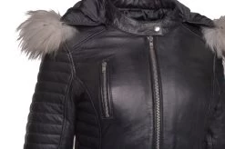 Larissa's Black Leather Jacket With Hoodie And Fur Trim -Leather Clothing Store Studio Session 01916 Copy min