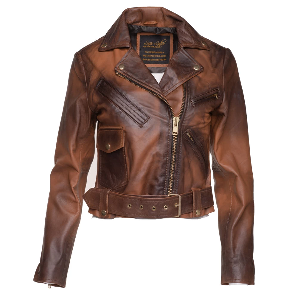 Tracy's Shaded Brown Crop Biker Leather Jacket With Waist Belt 3 Tracy's Shaded Brown Crop Biker Leather Jacket With Waist Belt