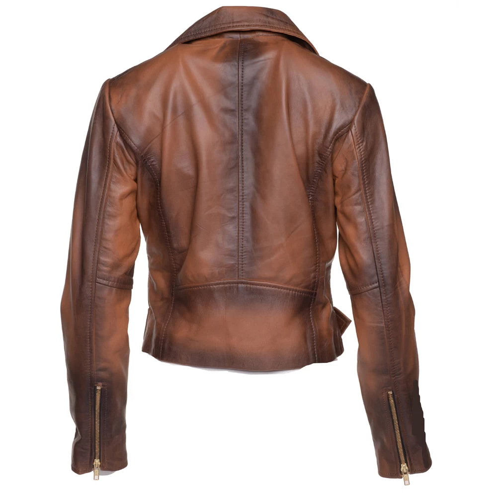 Tracy's Shaded Brown Crop Biker Leather Jacket With Waist Belt 5 Tracy's Shaded Brown Crop Biker Leather Jacket With Waist Belt - Image 3