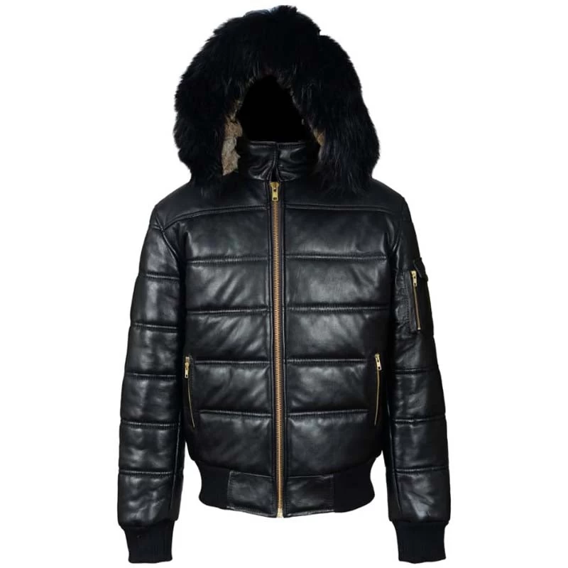 Ash Black Hooded Puffer Leather Jacket With Fur Trim 3 Ash Black Hooded Puffer Leather Jacket With Fur Trim