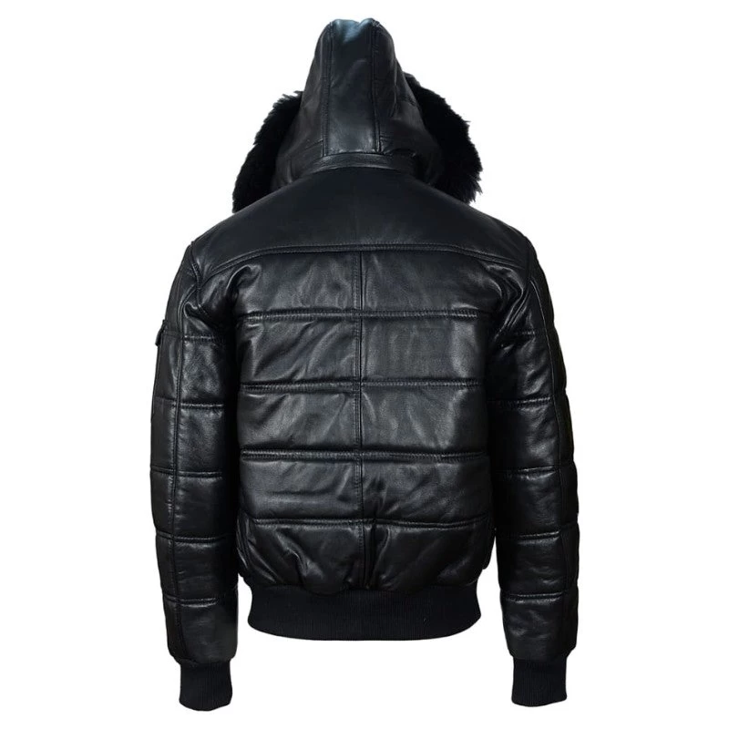 Ash Black Hooded Puffer Leather Jacket With Fur Trim 7 Ash Black Hooded Puffer Leather Jacket With Fur Trim - Image 5