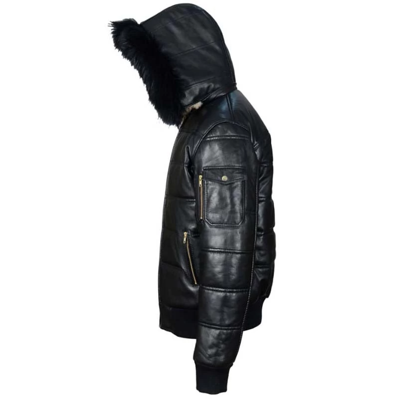Ash Black Hooded Puffer Leather Jacket With Fur Trim 8 Ash Black Hooded Puffer Leather Jacket With Fur Trim - Image 6