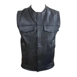 Collarless "Club Rider" Motorcycle Leather Vest With Zippered Lining For Patches