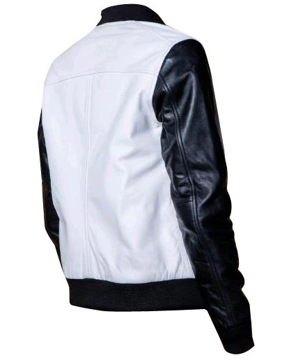 Enya’s Black And White Collarless Leather Jacket 5 Enya’s Black And White Collarless Leather Jacket - Image 3