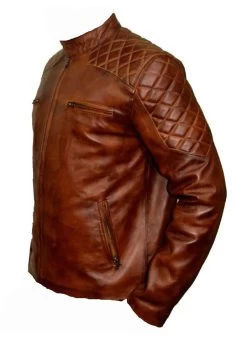 Vintage Tan Cafe Racer Leather Jacket With Quilted Patches 7 Vintage Tan Cafe Racer Leather Jacket With Quilted Patches -Leather Clothing Store distress cafe racer 3