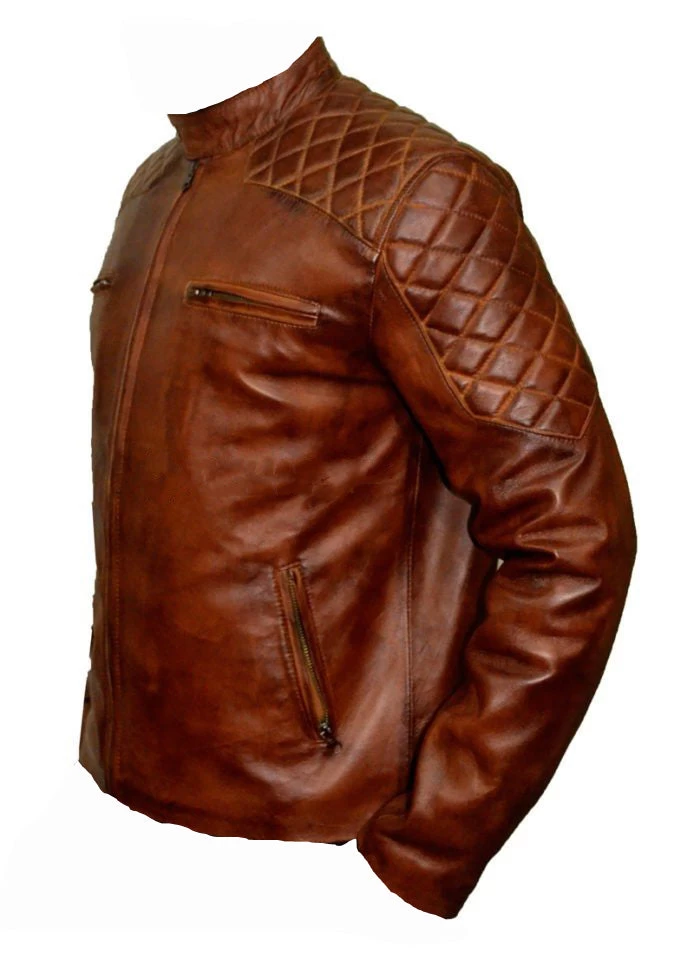 Vintage Tan Cafe Racer Leather Jacket With Quilted Patches 5 Vintage Tan Cafe Racer Leather Jacket With Quilted Patches - Image 3