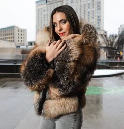 Women's Fox Fur Bomber Hooded Jacket -Leather Clothing Store ff